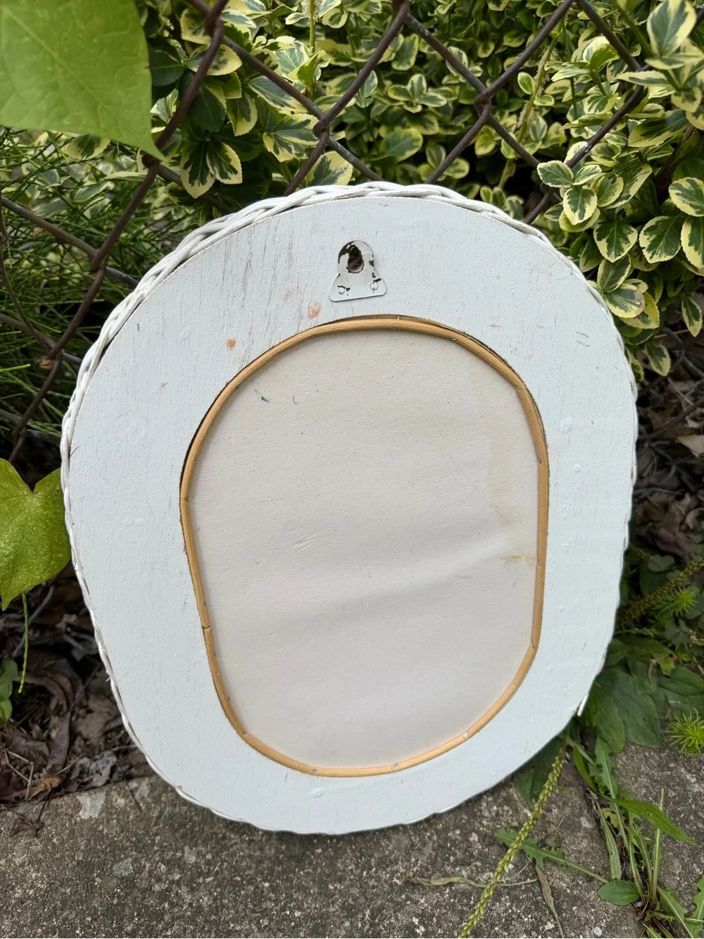 Vintage White Wicker Oval Wall Mirror